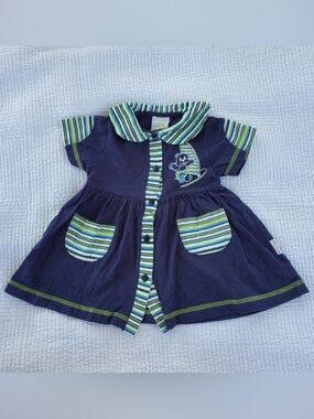 Vintage Navy Striped Trim Toddler Dress with Surf Cat